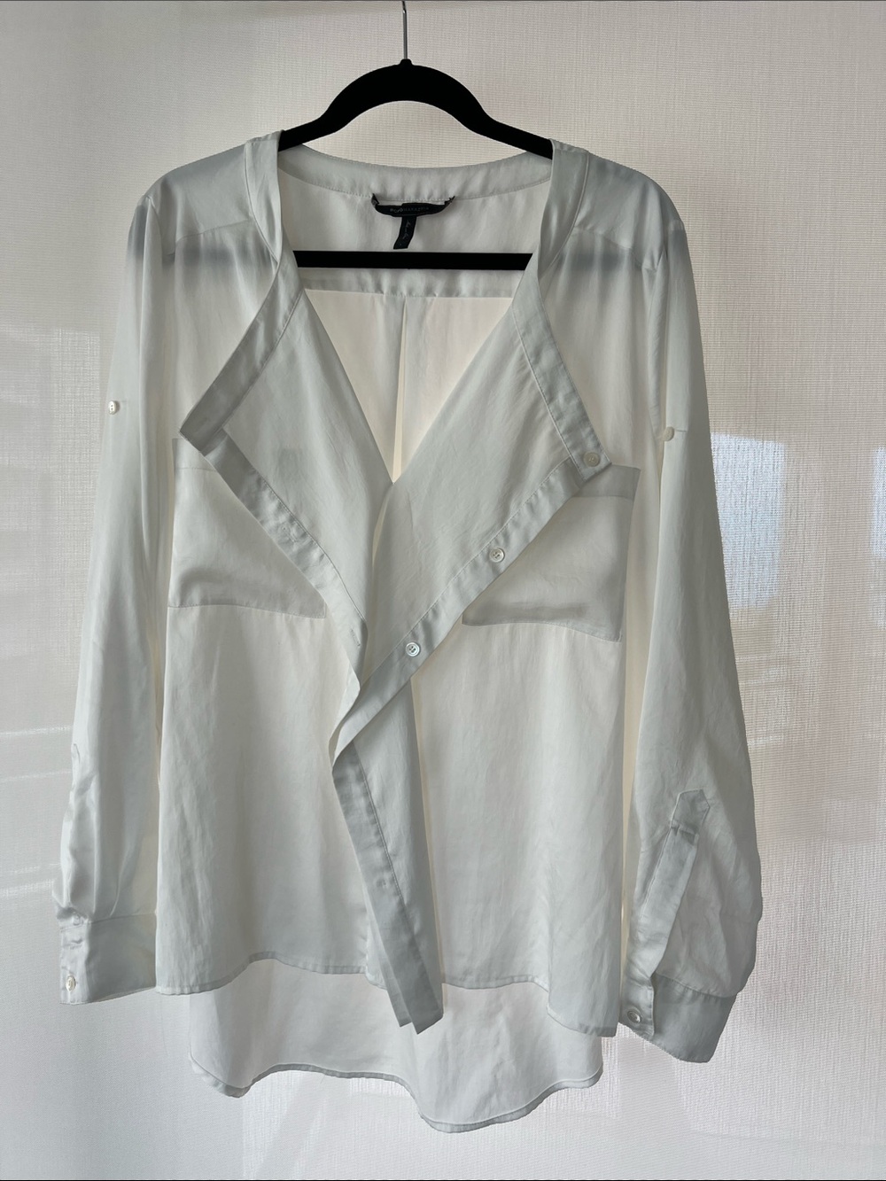 BCBGMaxAzria “Elsy” White Draped V-Neck Button Down Blouse